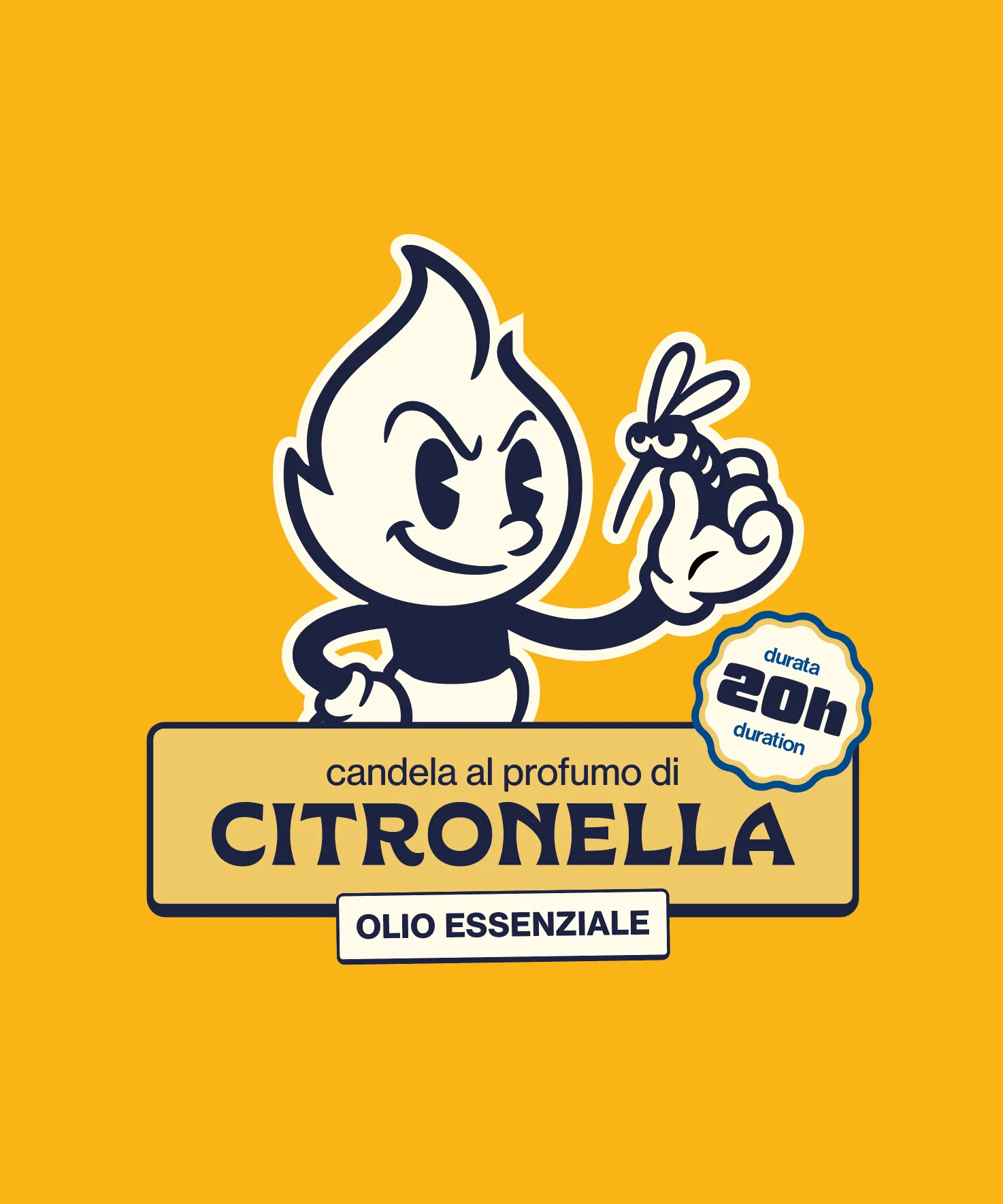 Mascotte CitroPop e label della candela alla citronella su fondo giallo