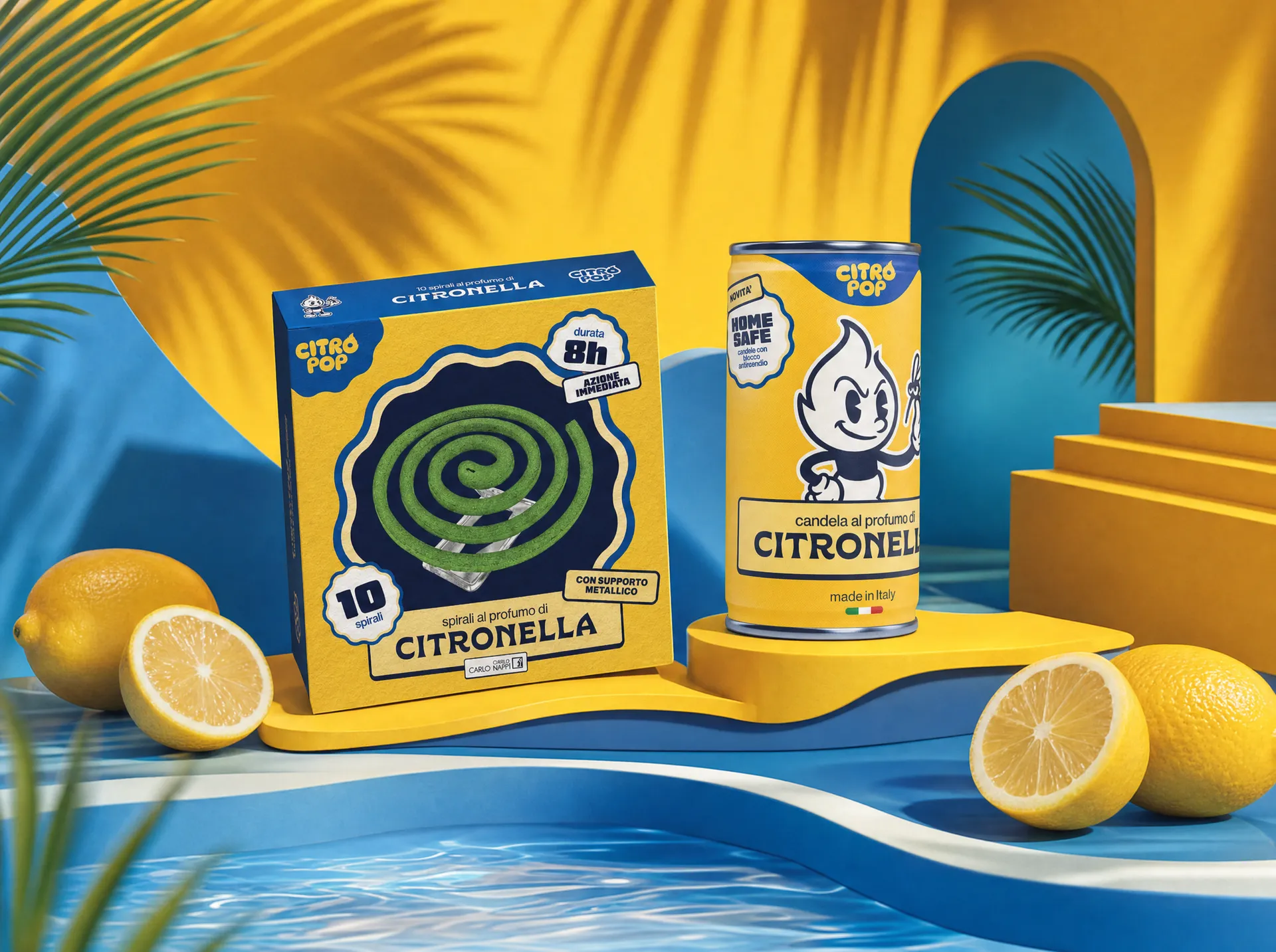 Packaging CitroPop con candela e spirali alla citronella