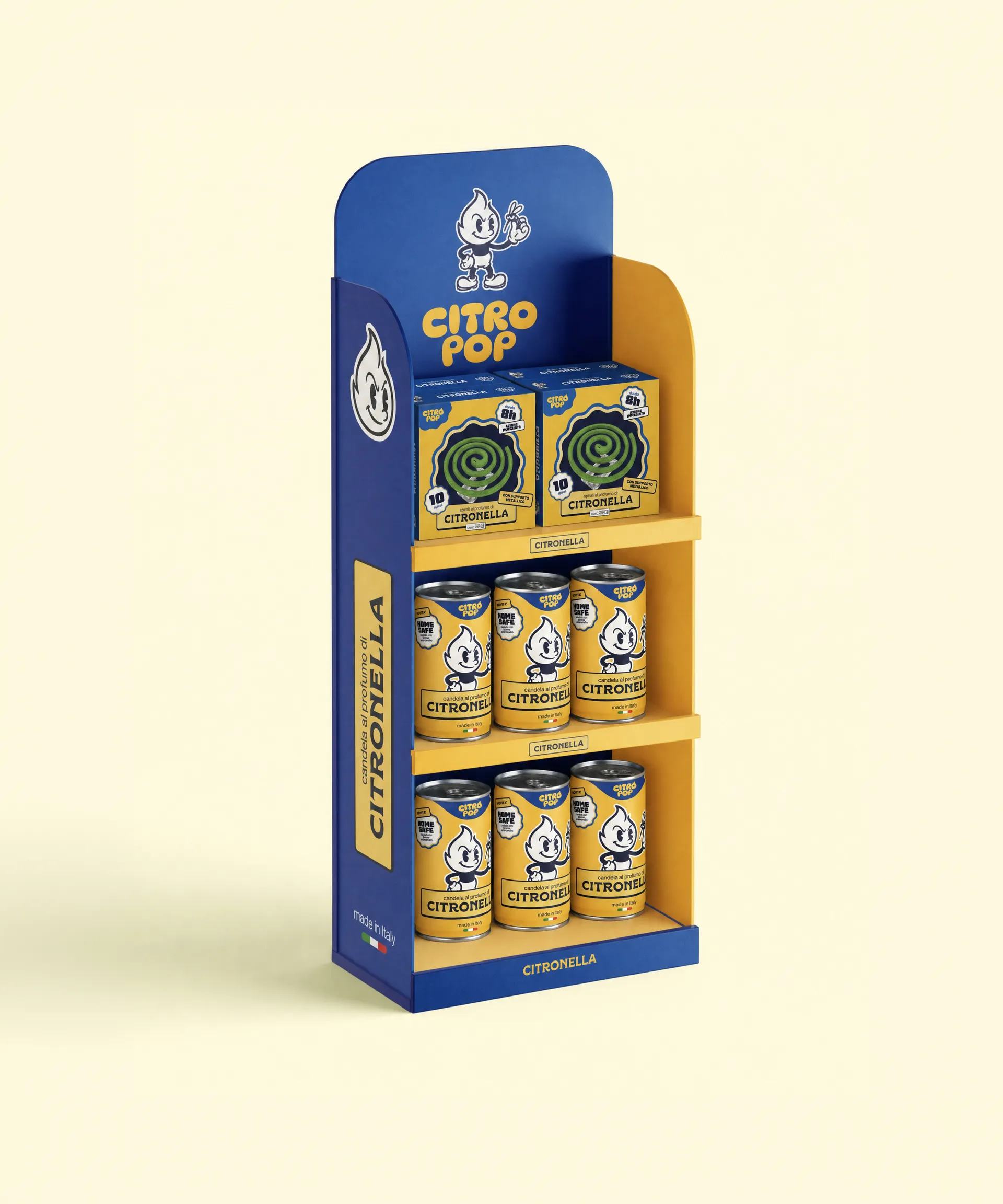 Espositore retail CitroPop con candele e spirali alla citronella