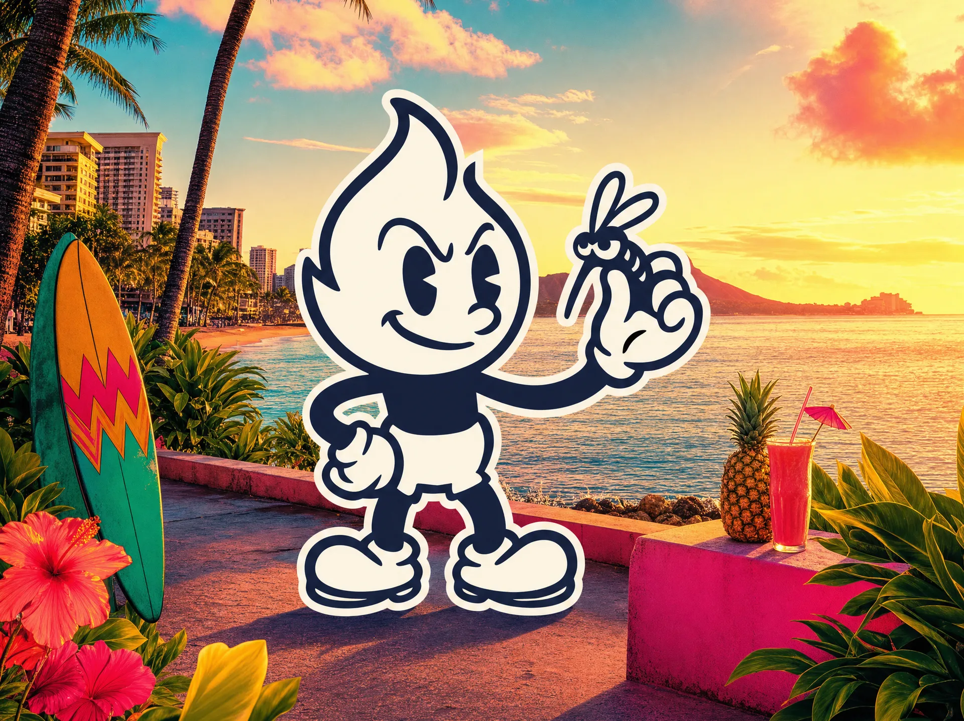 Mascotte CitroPop in una scena tropicale al tramonto