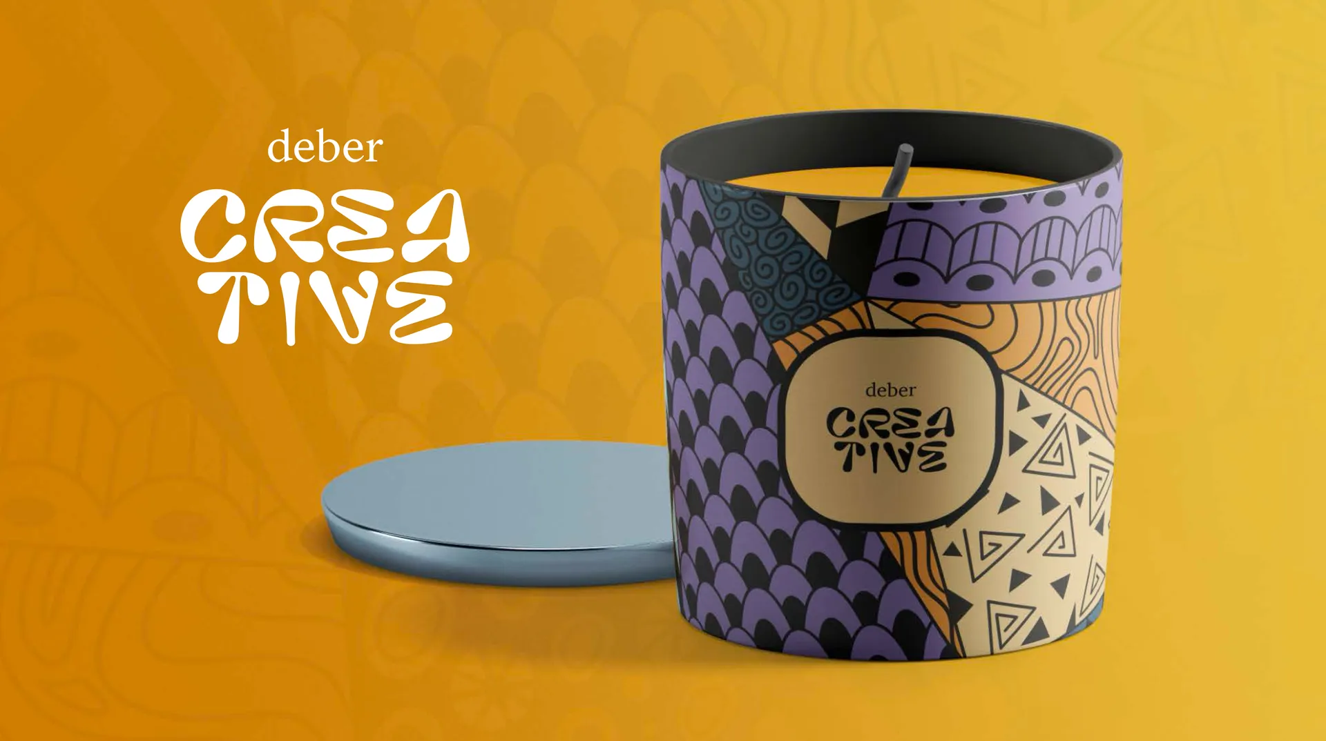Candela Deber Creative con packaging illustrato su fondo giallo