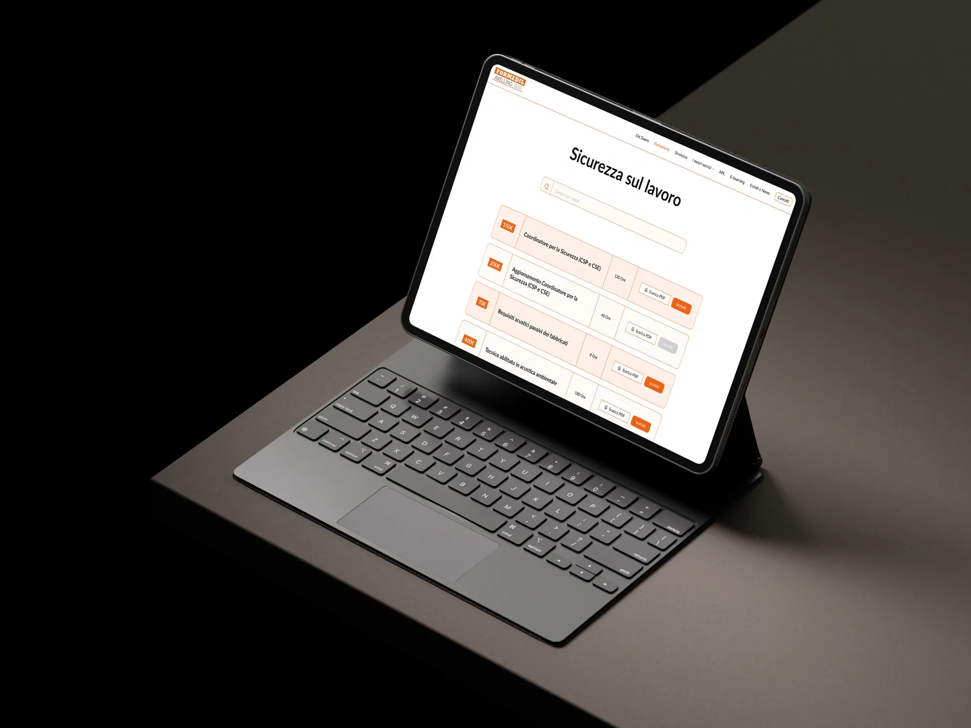Catalogo dei corsi sulla sicurezza Formedil Avellino visualizzato su tablet